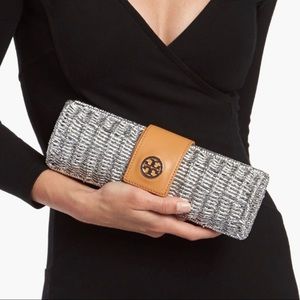 Chunky Metallic Straw Cylinder Clutch Bag Silver